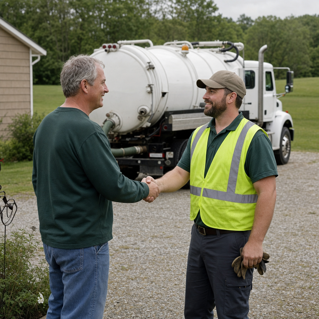 A septic technician shaking a Astoria homeowner's hand beside the service truck after a completed pump-out