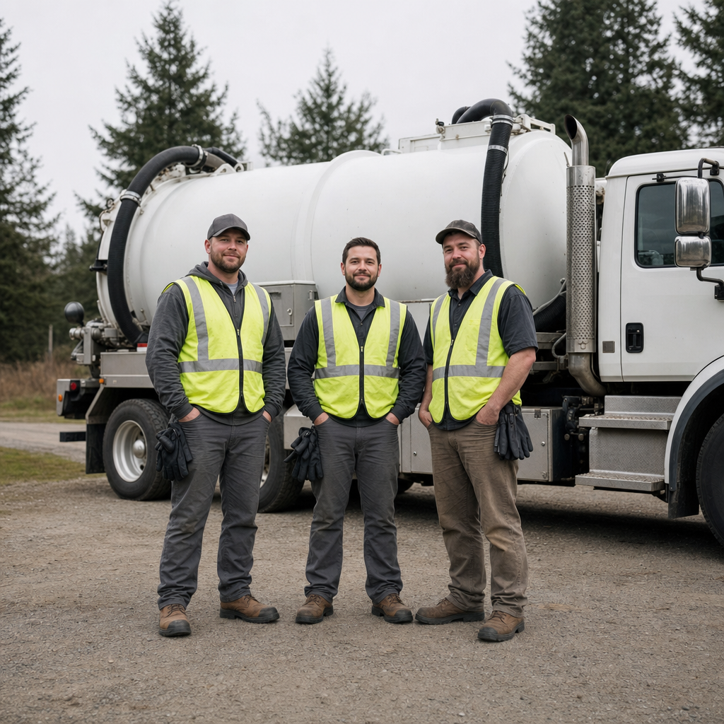 The Astoria septic pumping crew standing together beside their clean white vacuum truck on a residential street