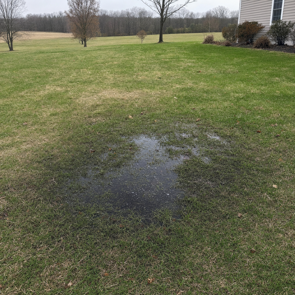 A dark, saturated wet spot in a Astoria backyard lawn marking a failing cesspool at capacity