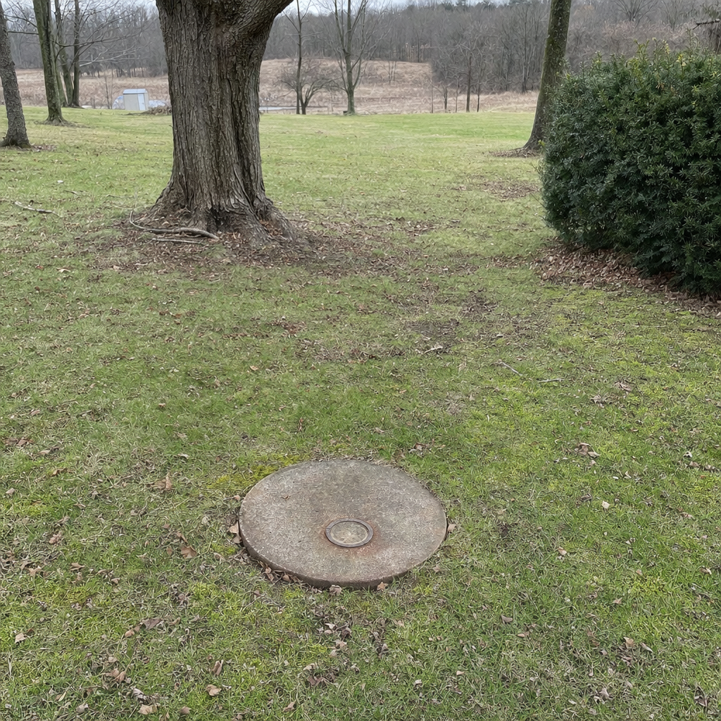 An older round cesspool access lid set flush in an established, mature Astoria backyard lawn