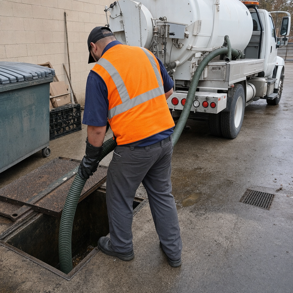 Technician pumping a grease trap behind a Astoria restaurant