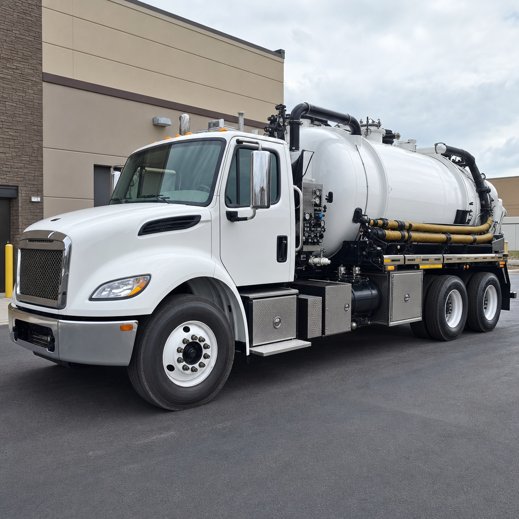 Commercial septic vacuum truck parked in a Astoria business parking lot