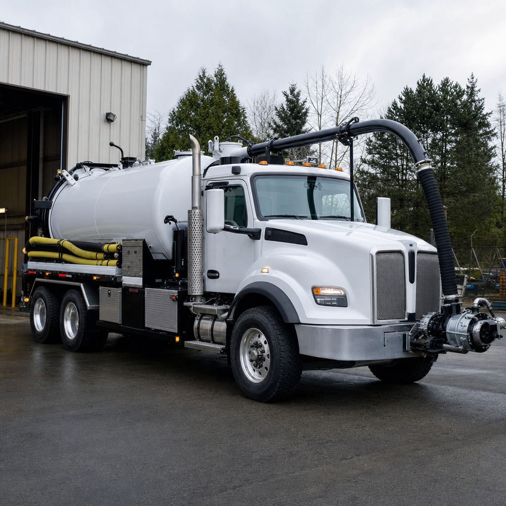 A clean white septic vacuum truck rolling out of a tidy Astoria service depot at the start of the day