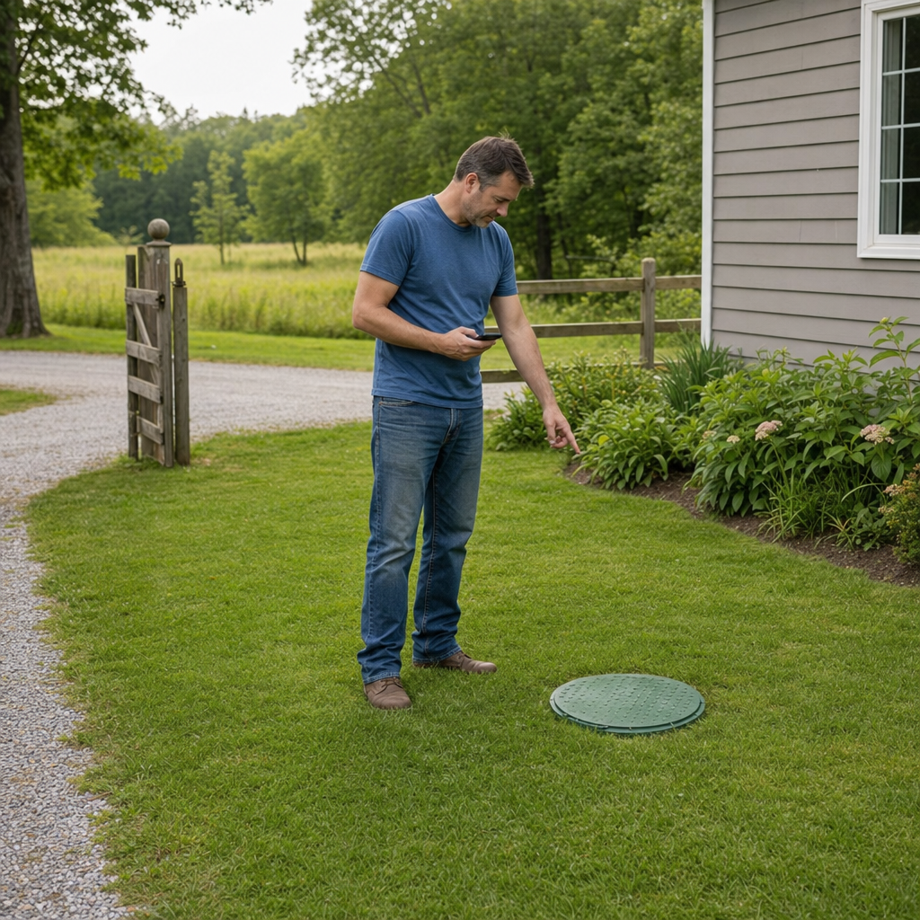 A Astoria-area homeowner standing in the backyard noting where the septic tank lid and access route are located