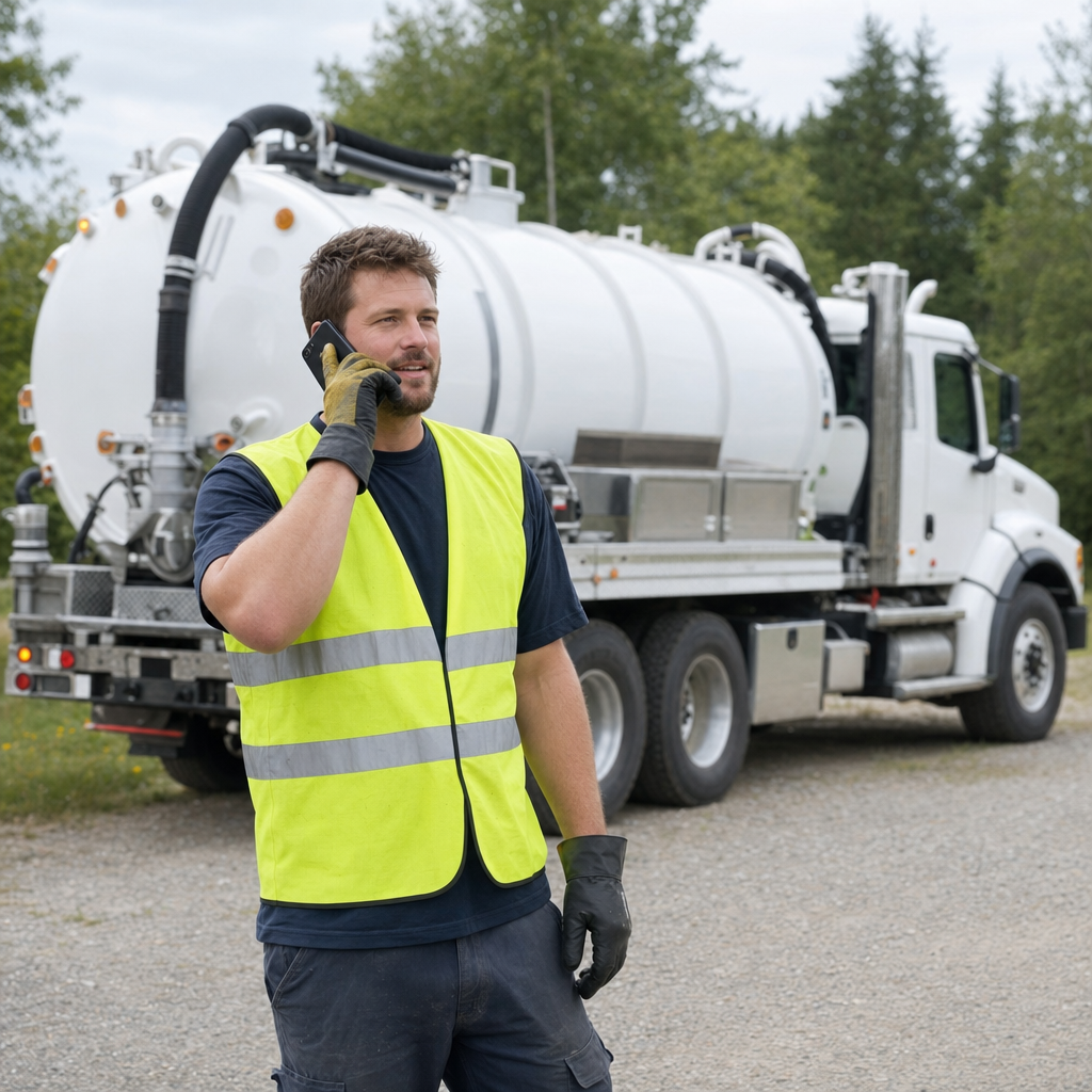 A friendly septic dispatcher holding a phone, ready to answer a Astoria homeowner's call about a pump-out