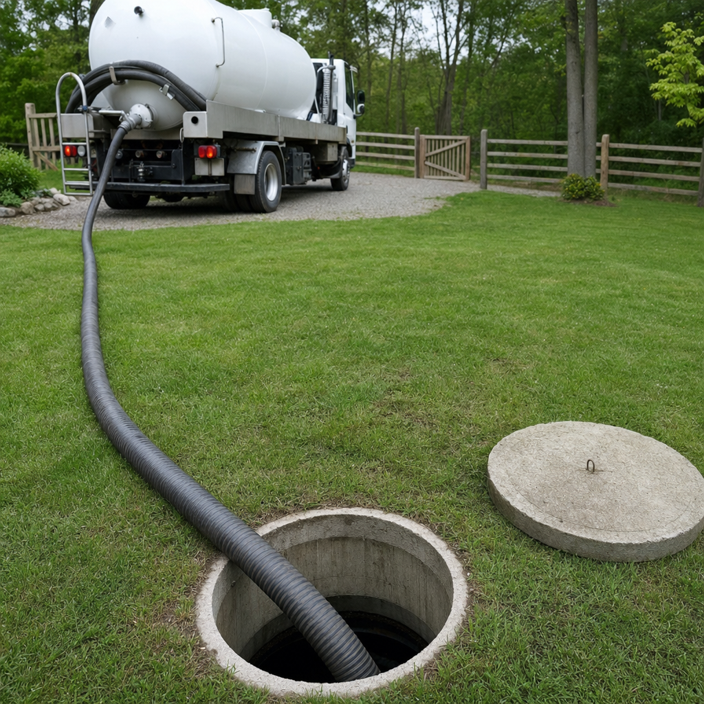 Suction hose connected to an open septic tank, drawing it down in a tidy Astoria yard
