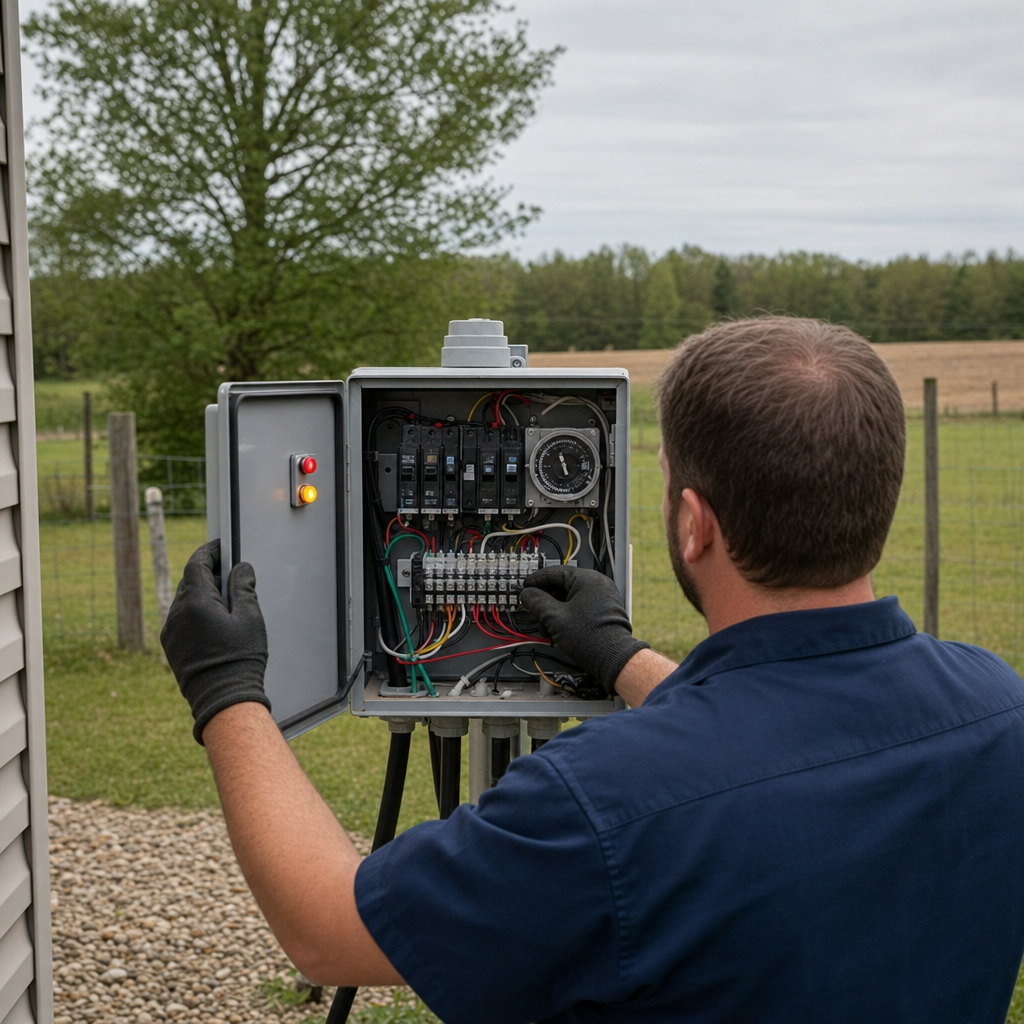 Technician checking an aerobic septic control box with a lit red high-water alarm during a same-day Astoria visit