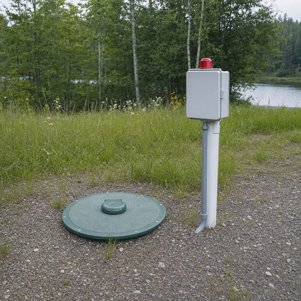A wastewater holding tank access lid set in the ground at a rural Astoria-area cabin, with a mounted high-level float alarm panel nearby