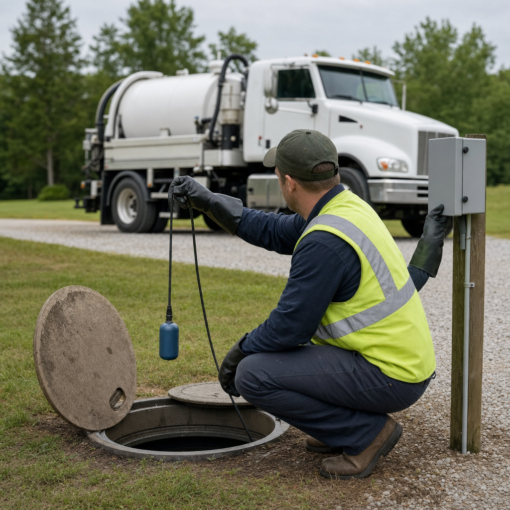 A septic technician in a high-visibility vest checking a high-level float switch and alarm panel on a holding tank at a rural Astoria-area site
