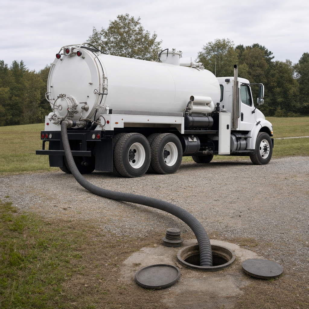 An unmarked white vacuum truck emptying a wastewater holding tank on a scheduled visit at a rural Astoria-area property, thick suction hose running to the tank lid