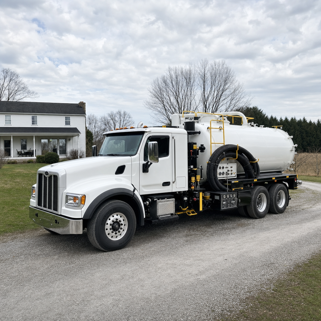 A clean white septic vacuum truck parked on a tidy Astoria driveway with the suction hose neatly coiled