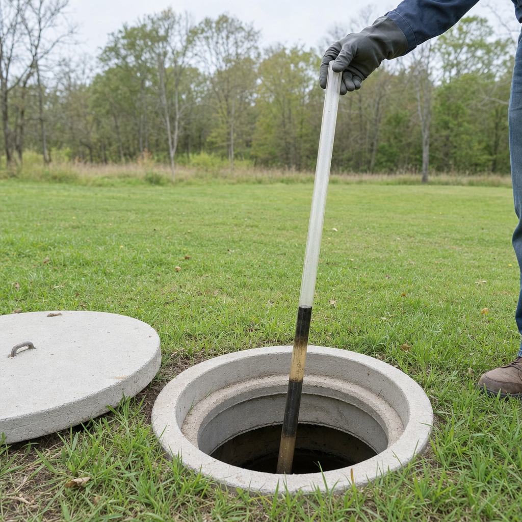 A septic sludge-judge measuring stick lowered into an open Astoria septic tank to read the depth of the sludge and scum layers before deciding whether a pump-out is due