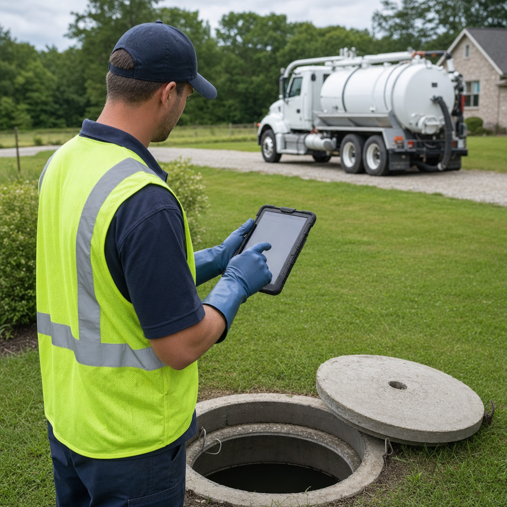 A septic technician recording a Astoria home's pump-out date and tank condition on a tablet beside an open access lid, tracking the service history that sets the next due date