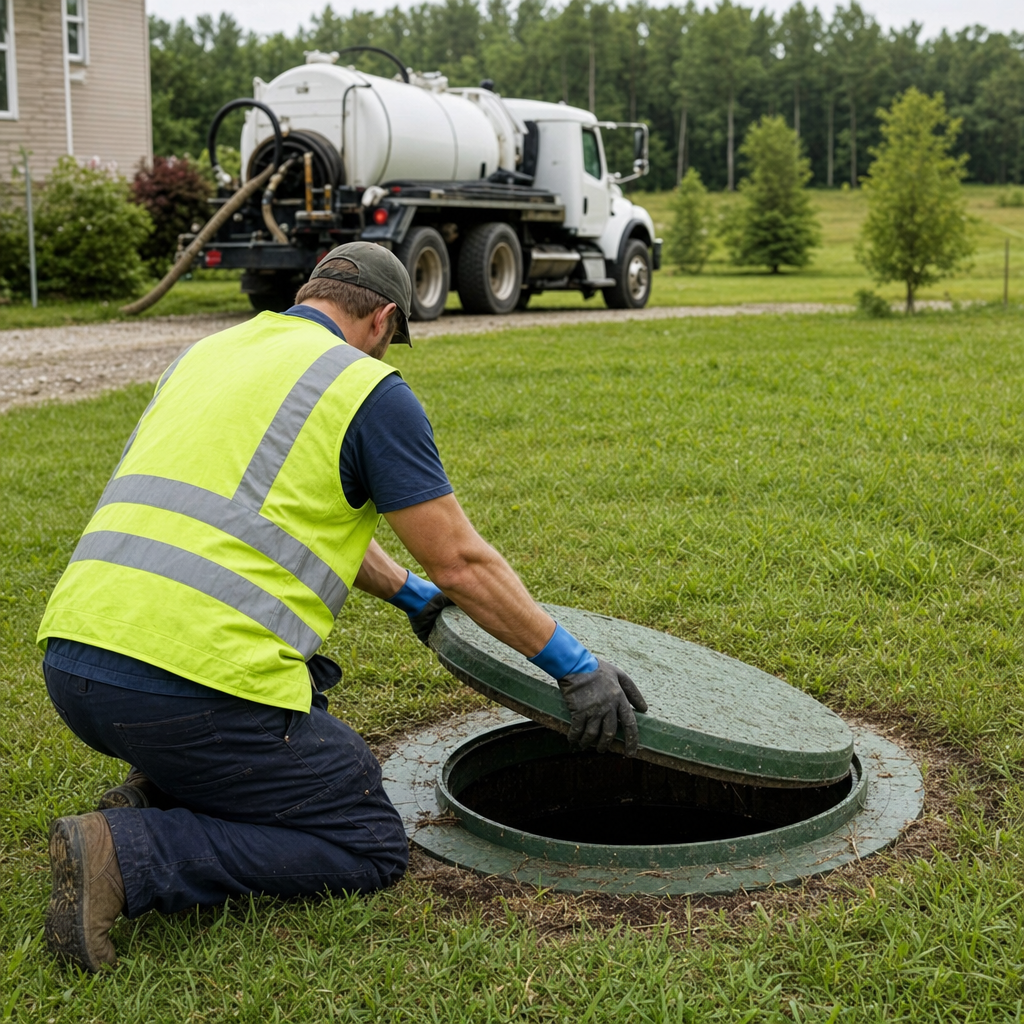 Septic technician kneeling on a Astoria lawn, lifting the access lid on a residential septic tank