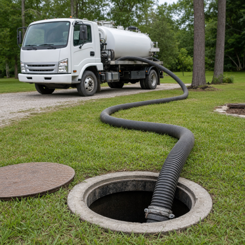 Thick ribbed suction hose lowered into a clean open septic tank port on a tidy Astoria backyard lawn