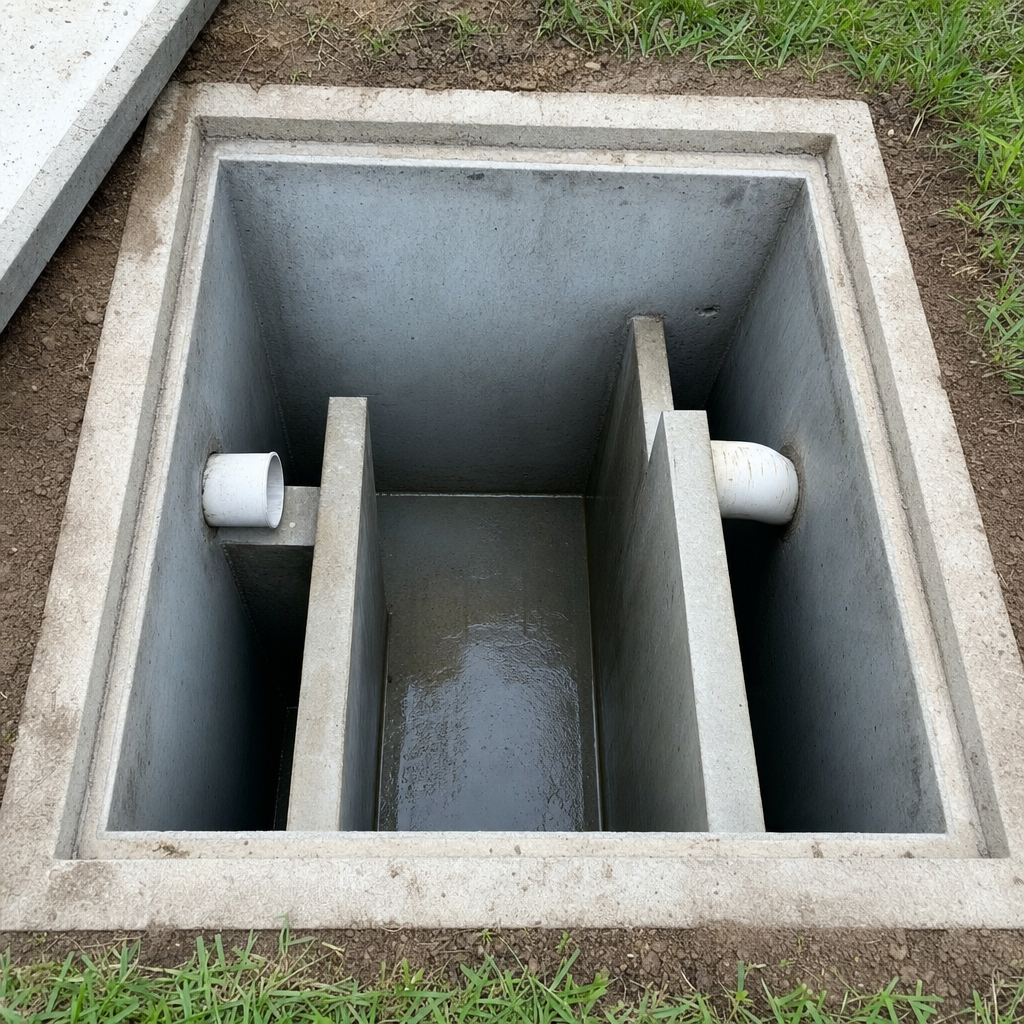 Inspection of the concrete baffles inside an open, emptied and freshly cleaned Astoria septic tank