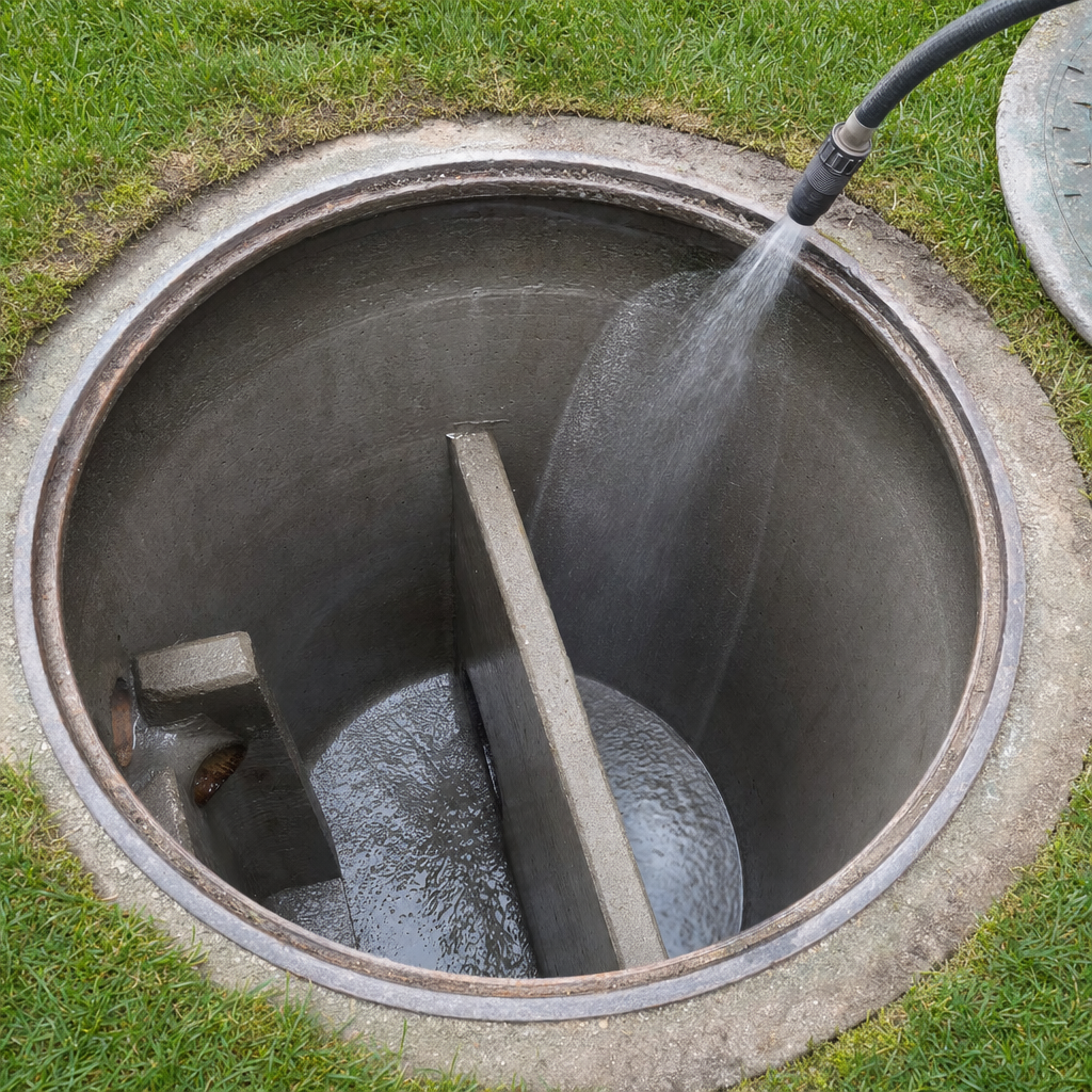 Interior concrete walls of an emptied Astoria septic tank being rinsed clean with the truck's onboard water hose