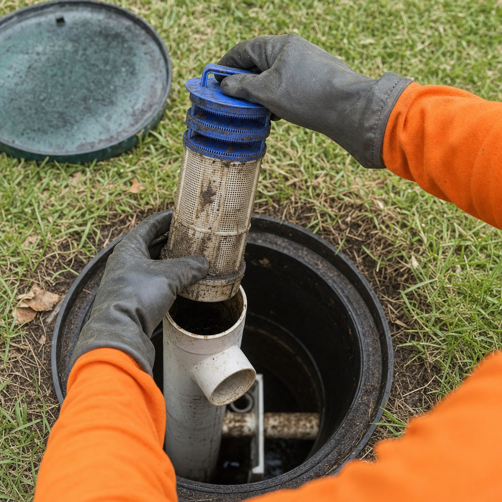 Septic technician's gloved hands lifting the effluent filter cartridge out of the outlet housing on a Astoria septic tank