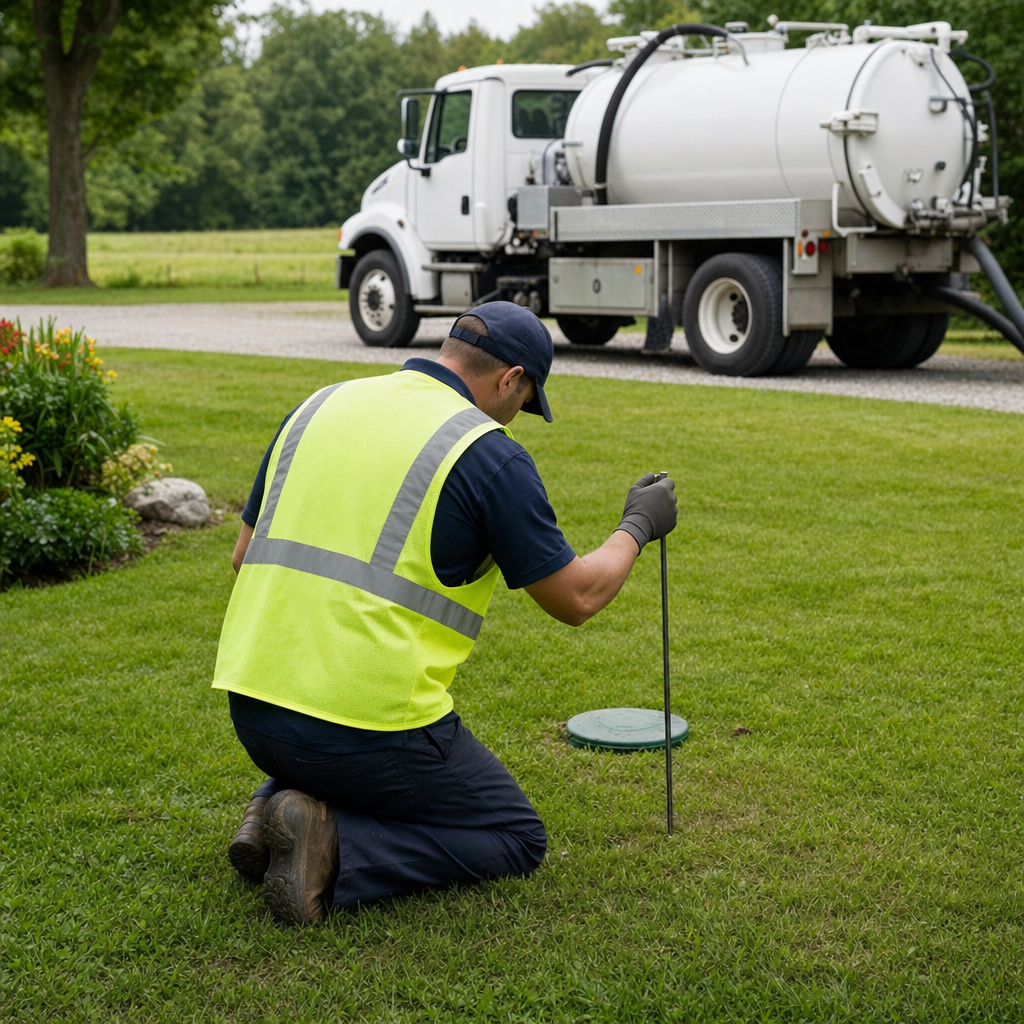 Septic technician kneeling on a Astoria lawn, probing to locate and measure the depth of a buried septic tank lid before pumping