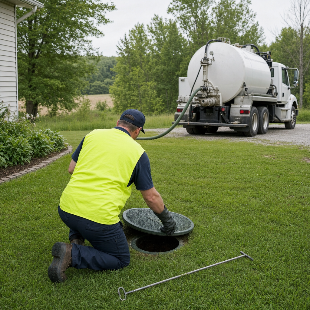 Septic technician kneeling on a Astoria lawn, lifting the buried access lid on a residential septic tank
