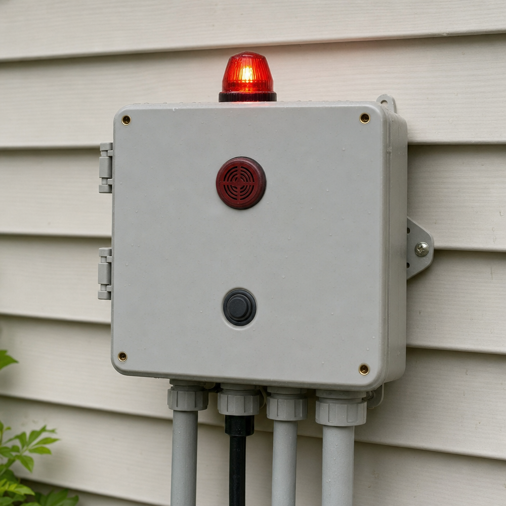 An aerobic septic system control panel mounted outside a Astoria home with its red high-water alarm light lit