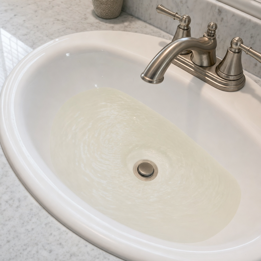 A bathroom sink draining slowly with water pooled in the basin, an early warning sign that a Astoria septic tank is full